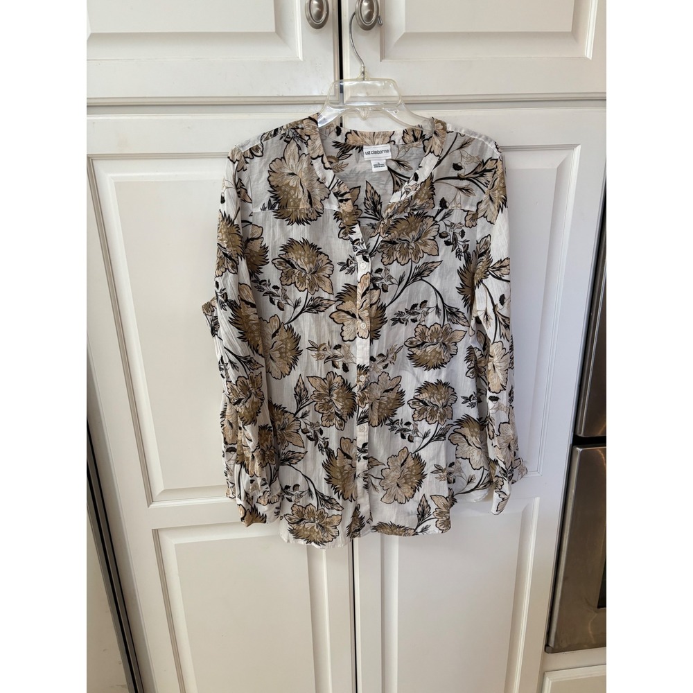 Liz Claiborne Womens XL Cotton Floral Button Down Blouse Long Sleeve Tan Black